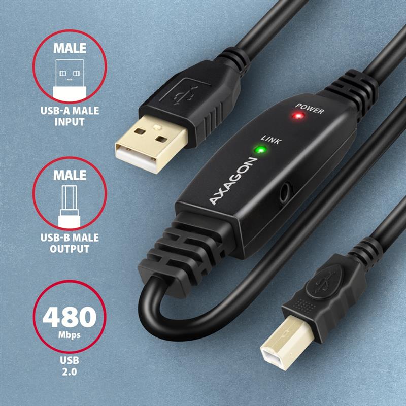 AXAGON USB 2 0 A-M -> B-M active connecting repeater cable 10m