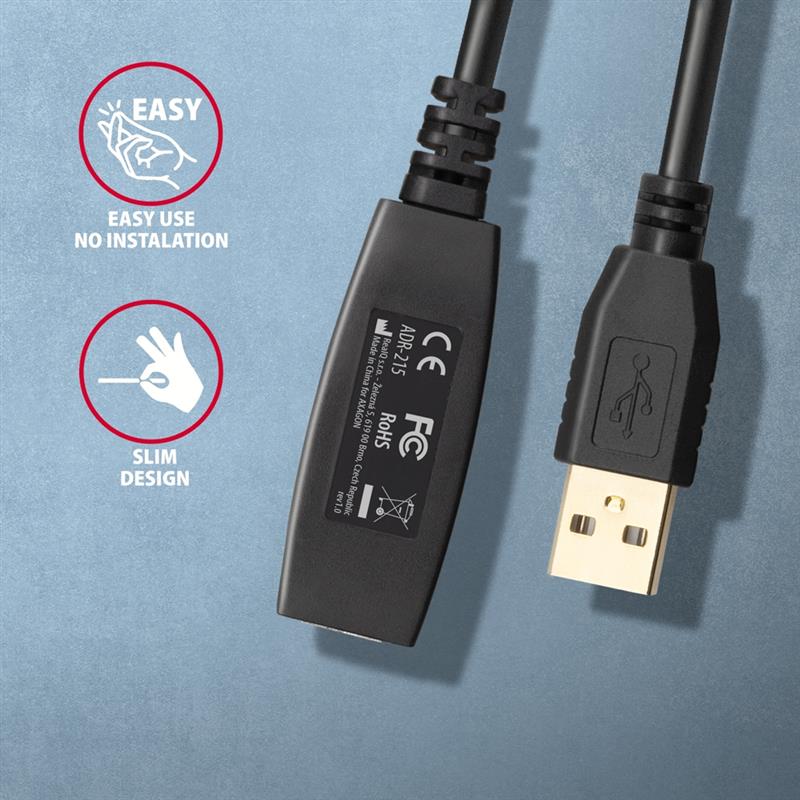 AXAGON USB 2 0 A-M -> A-F active extension repeater cable 15m