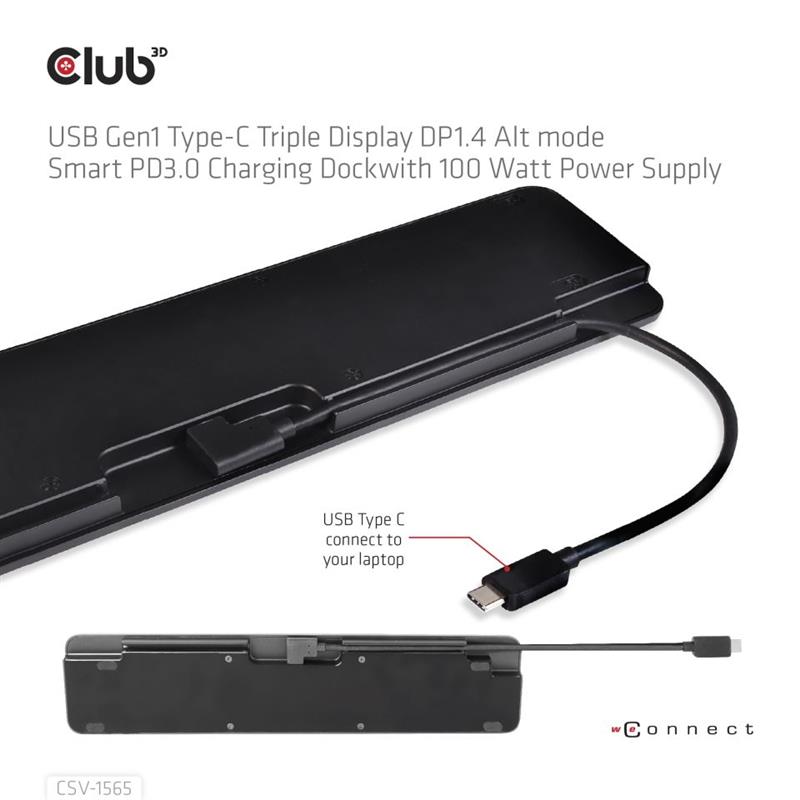 CLUB3D USB Gen1 Type-C Triple Display DP1.4 Alt mode Smart PD3.0 Charging Dock with 100 Watt Power Supply