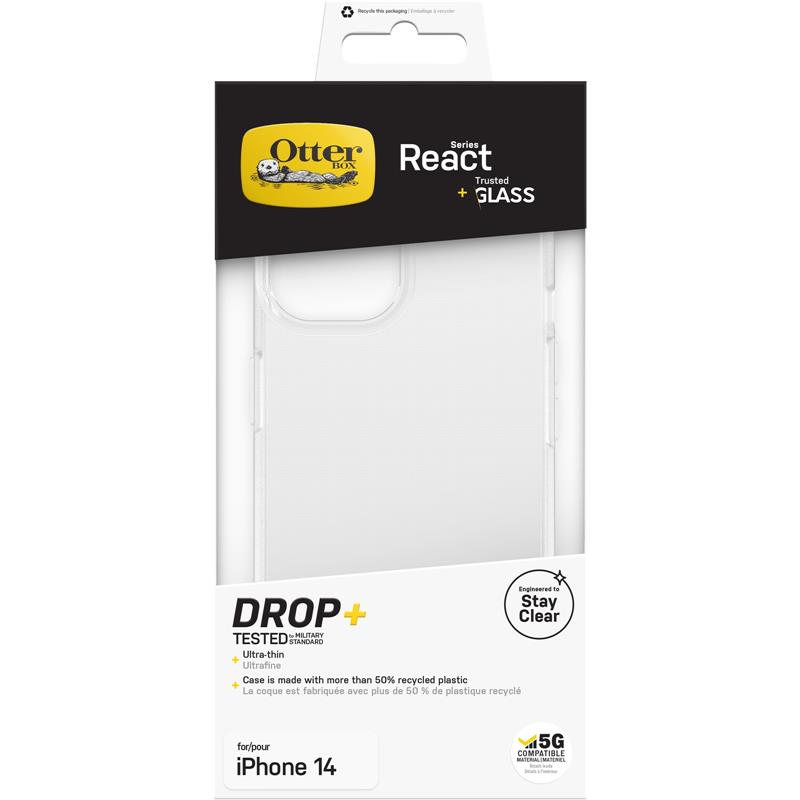 OtterBox Drop Protection-bundel voor iPhone 14; React doorzichtige behuizing getest volgens militaire standaard en prestatie glazen schermbeschermer 2