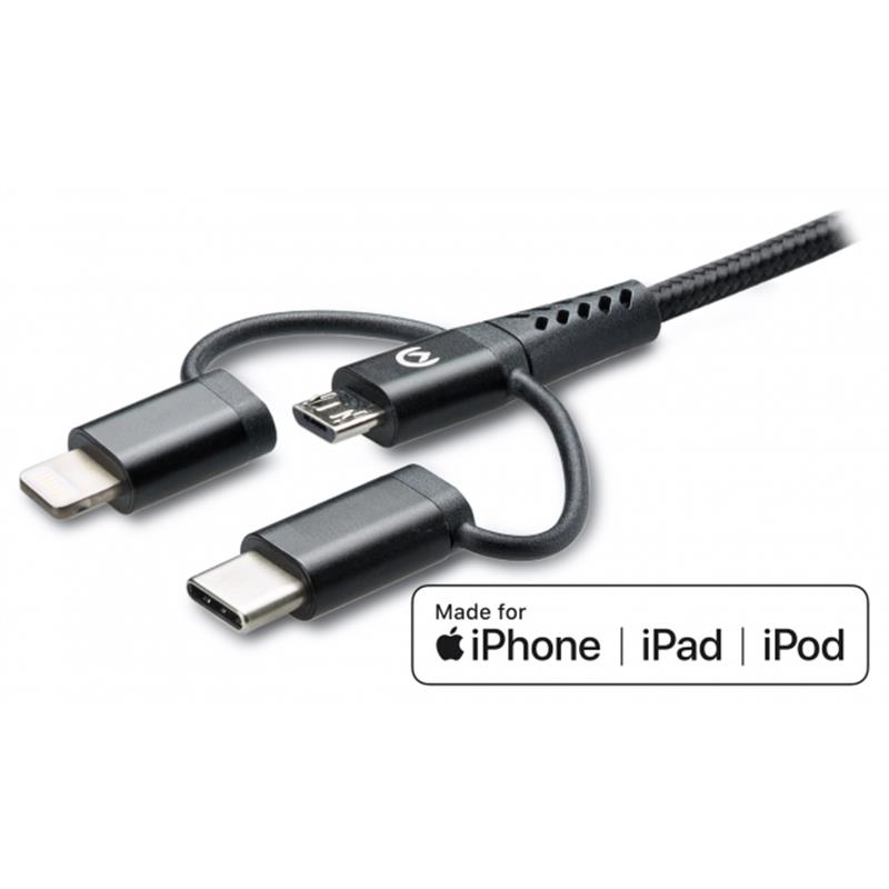Mobilize Strong Nylon Cable 3in1 USB to Micro USB USB-C Apple MFi Lightning 1 5m Black