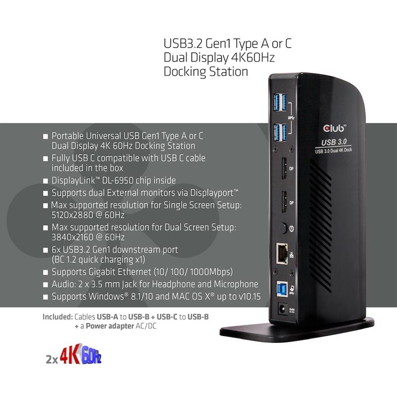CLUB3D USB 3.0 Dual Display 4K60Hz Docking Station