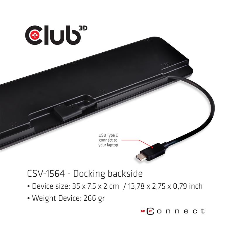 CLUB3D USB TC3.2 Gen 1 Trip dyn PD C60W-100W Docking USB 3.2 Gen 1 (3.1 Gen 1) Type-C Zwart