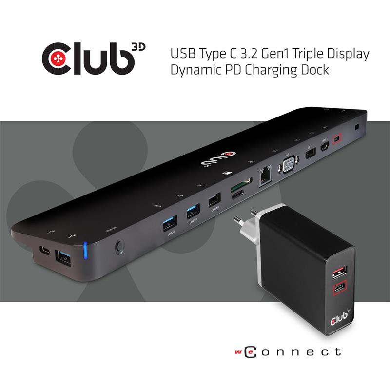 CLUB3D USB TC3.2 Gen 1 Trip dyn PD C60W-100W Docking USB 3.2 Gen 1 (3.1 Gen 1) Type-C Zwart