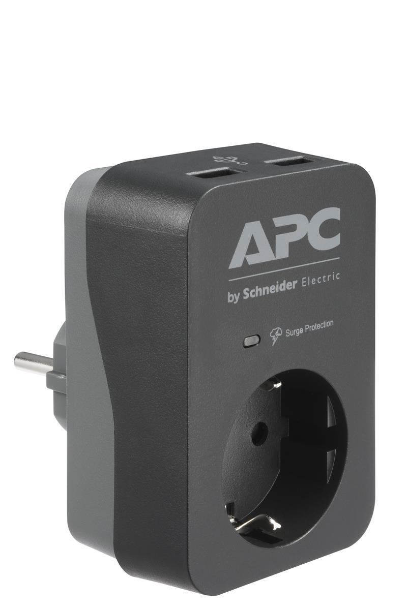 APC PME1WU2B-GR Tussenstekker met overspanningsbeveiliging 3680W 1x stopcontact + 2x USB lader