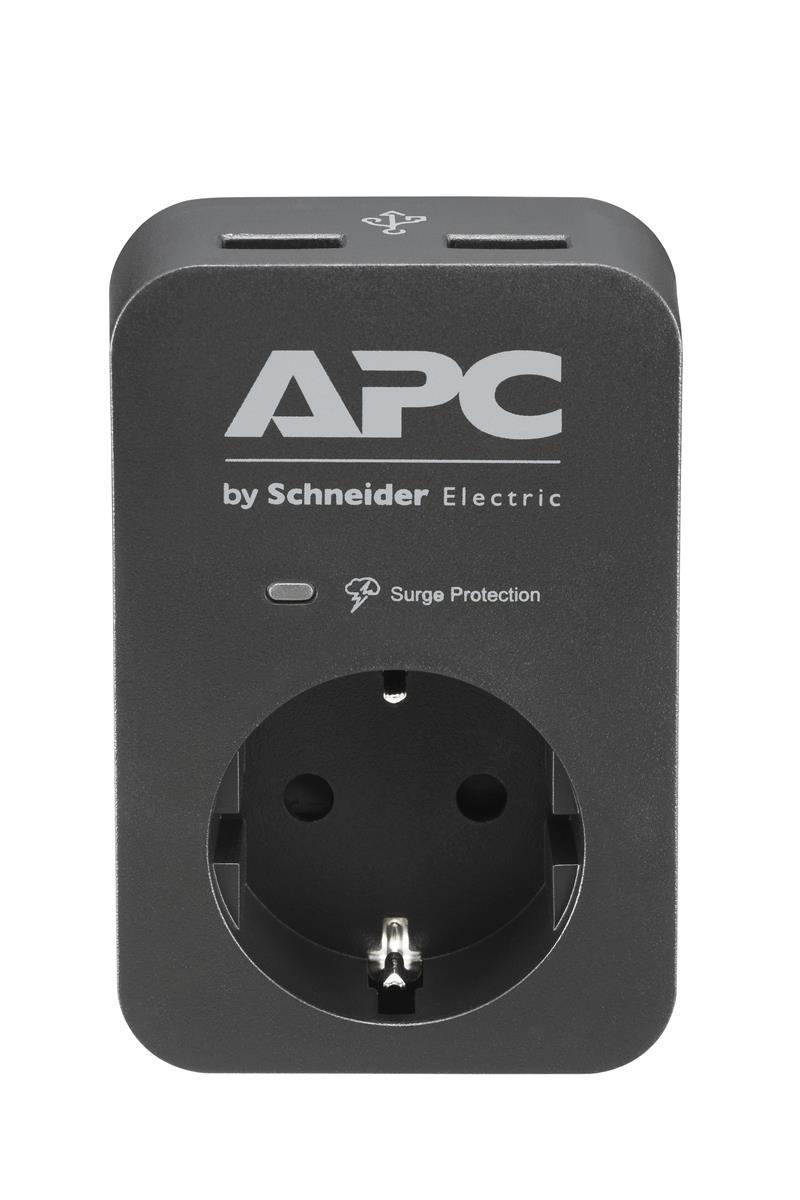 APC PME1WU2B-GR Tussenstekker met overspanningsbeveiliging 3680W 1x stopcontact + 2x USB lader