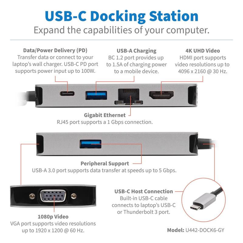 Tripp Lite U442-DOCK6-GY notebook dock & poortreplicator Bedraad USB 3.2 Gen 1 (3.1 Gen 1) Type-C Grijs