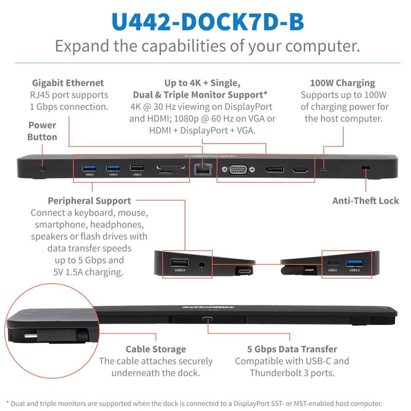 Tripp Lite U442-DOCK7D-B notebook dock & poortreplicator Bedraad USB 3.2 Gen 1 (3.1 Gen 1) Type-C Zwart