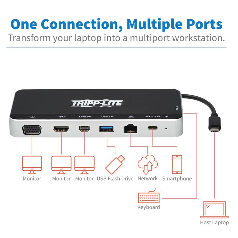 Tripp Lite U442-DOCK16-B notebook dock & poortreplicator Bedraad USB 3.2 Gen 1 (3.1 Gen 1) Type-C Grijs