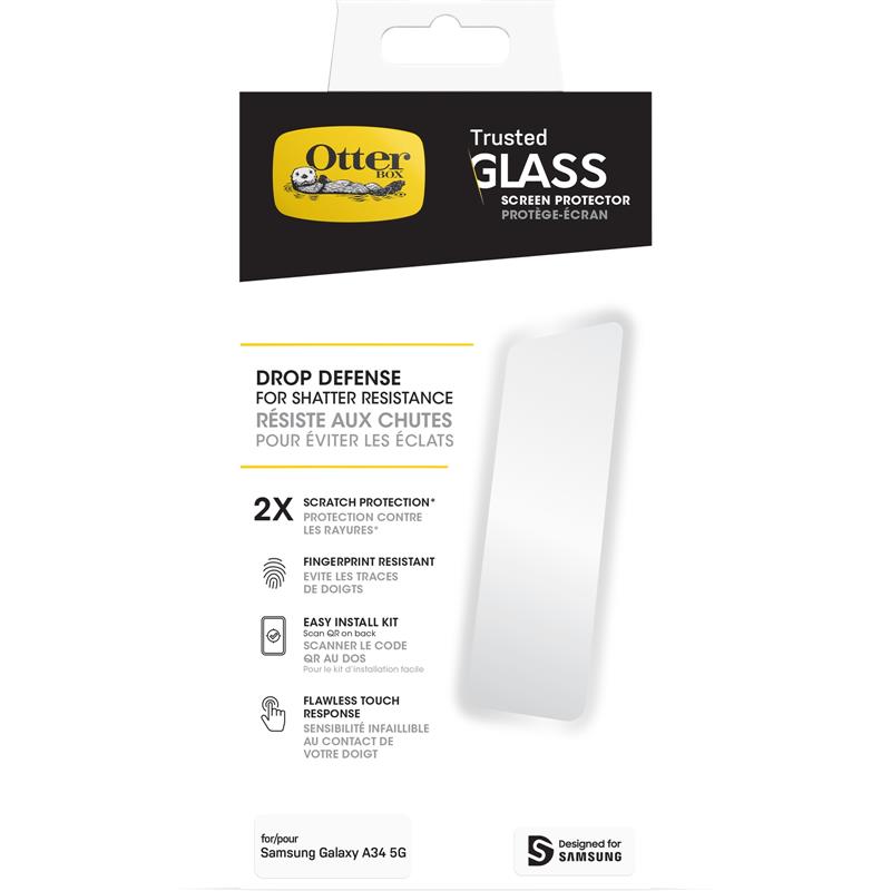 OtterBox Trusted Glass-screenprotector voor Galaxy A34 5G, gehard glas, x2 krasbescherming, bescherming tegen vallen en splinters