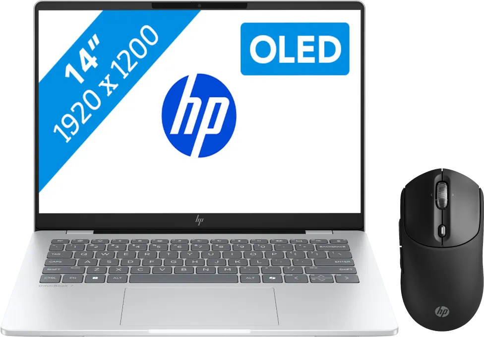 HP OmniBook 7 OLED Copilot+ PC 14-fr0970nd + HP 700 Oplaadbare Draadloze Muis