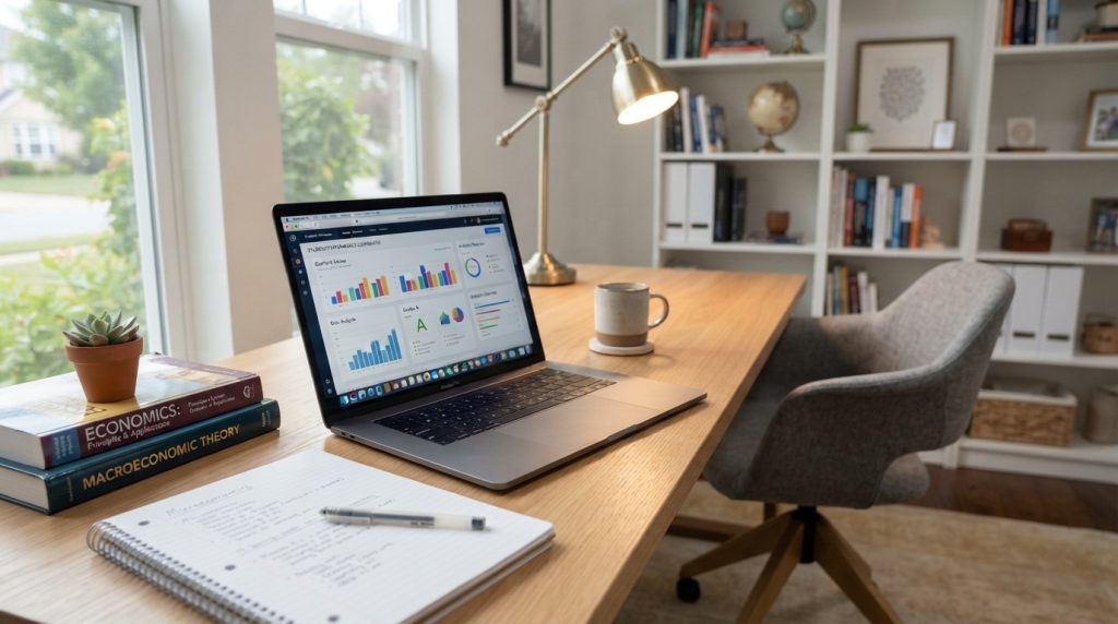 A bright and modern study space featuring a sleek laptop opened on a wooden desk. The laptop screen displays graphs and performance metrics, showcasing its capabilities for schoolwork. In the foreground, a pair of high-quality textbooks and stationery are neatly arranged beside the laptop, emphasizing a productive environment. The middle ground includes a comfortable office chair and a stylish lamp providing warm, inviting lighting. In the background, a shelf filled with neatly organized books and decor adds a touch of personality to the scene. The atmosphere is focused and inspiring, highlighting the ideal tech setup for students. The image should have a clean aesthetic with natural light streaming in from a nearby window, casting soft shadows and creating a sense of tranquility.