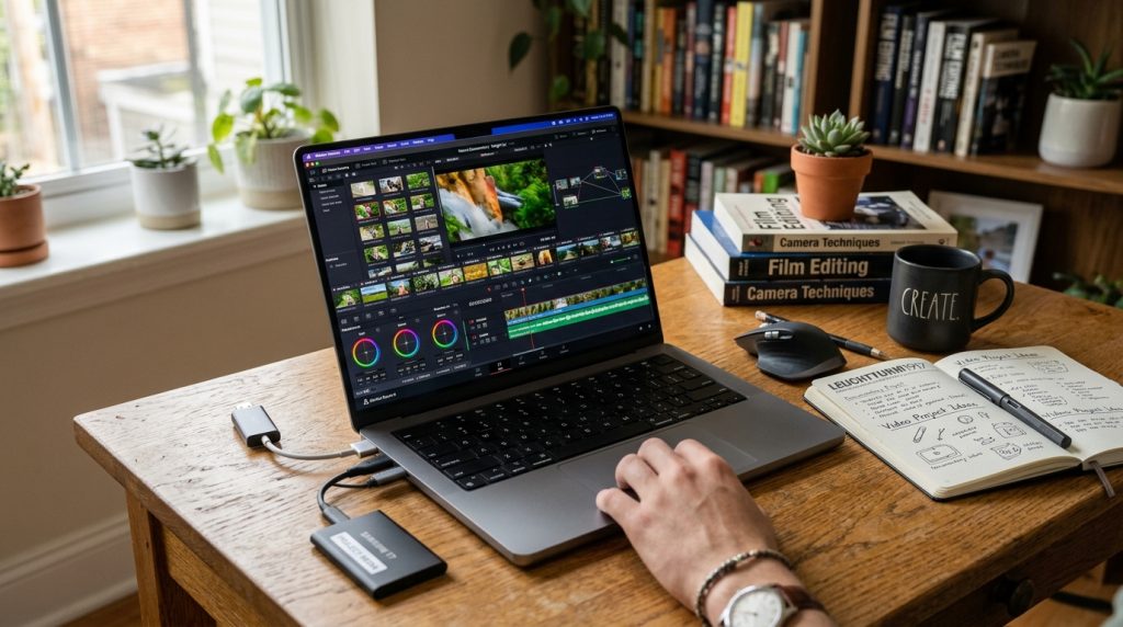 A close-up view of a MacBook Pro on a stylish wooden desk, showcasing its extra ports. The laptop is open, displaying a vibrant video editing software interface filled with clips and vibrant visuals. Beside it, a well-organized array of student materials including notebooks, pens, and a coffee mug, creating a cozy study atmosphere. A soft, warm light filters in from a nearby window, casting gentle shadows across the desk. In the background, blurred shelves filled with books and plants can be seen, enhancing the academic feel. The overall mood is one of productivity and creativity, perfect for a student hard at work on a video project. A close-up view of a MacBook Pro on a stylish wooden desk, showcasing its extra ports. The laptop is open, displaying a vibrant video editing software interface filled with clips and vibrant visuals. Beside it, a well-organized array of student materials including notebooks, pens, and a coffee mug, creating a cozy study atmosphere. A soft, warm light filters in from a nearby window, casting gentle shadows across the desk. In the background, blurred shelves filled with books and plants can be seen, enhancing the academic feel. The overall mood is one of productivity and creativity, perfect for a student hard at work on a video project.