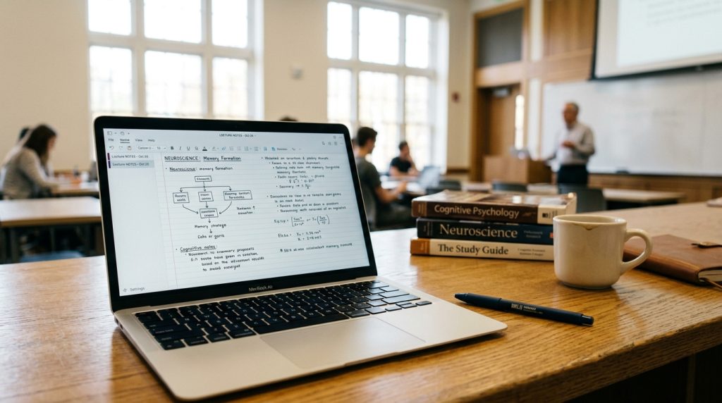 A focused scene showcasing a minimalist study environment featuring a sleek MacBook Air on a wooden desk. In the foreground, the open laptop displays a notebook application with handwritten notes and diagrams, suggesting active note-taking during lectures. A stylish, modern pen lies beside the laptop. The middle ground includes a stack of textbooks and a coffee cup, adding warmth to the study space. In the background, a soft, blurred view of a bright university classroom with large windows allows natural light to flood the space, creating a productive atmosphere. Use a shallow depth of field to emphasize the laptop and notes, with warm, inviting lighting to enhance concentration and studiousness. The overall mood conveys focus, dedication, and the contemporary choice of technology for students. A focused scene showcasing a minimalist study environment featuring a sleek MacBook Air on a wooden desk. In the foreground, the open laptop displays a notebook application with handwritten notes and diagrams, suggesting active note-taking during lectures. A stylish, modern pen lies beside the laptop. The middle ground includes a stack of textbooks and a coffee cup, adding warmth to the study space. In the background, a soft, blurred view of a bright university classroom with large windows allows natural light to flood the space, creating a productive atmosphere. Use a shallow depth of field to emphasize the laptop and notes, with warm, inviting lighting to enhance concentration and studiousness. The overall mood conveys focus, dedication, and the contemporary choice of technology for students.