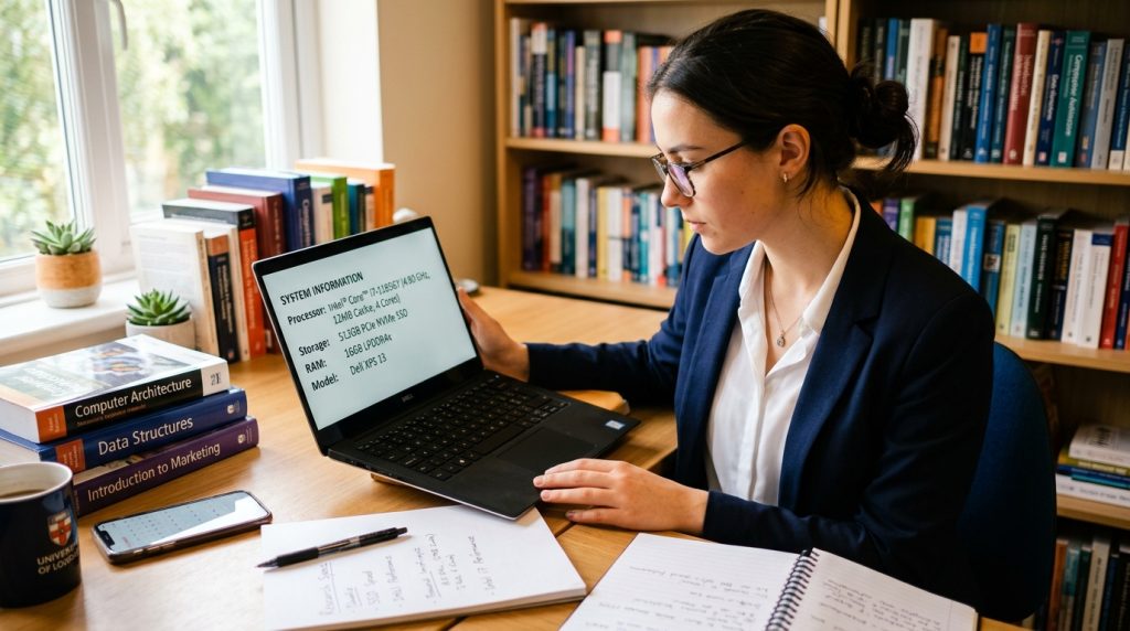 A focused student, dressed in smart casual attire, examines the specifications of a laptop displaying an Intel Core processor and an SSD. In the foreground, the student holds a laptop open, scrutinizing the detailed specifications on the screen. In the middle, a desk is cluttered with notes, textbooks, and a smartphone, highlighting an intense yet organized study environment. The background features a soft-focus study room with bookshelves filled with academic books and a small potted plant for a touch of color. The scene is well-lit with natural sunlight filtering through a window, creating a bright and empowering atmosphere. Capture the scene from a slight angle to convey depth and engagement in the student's task. A focused student, dressed in smart casual attire, examines the specifications of a laptop displaying an Intel Core processor and an SSD. In the foreground, the student holds a laptop open, scrutinizing the detailed specifications on the screen. In the middle, a desk is cluttered with notes, textbooks, and a smartphone, highlighting an intense yet organized study environment. The background features a soft-focus study room with bookshelves filled with academic books and a small potted plant for a touch of color. The scene is well-lit with natural sunlight filtering through a window, creating a bright and empowering atmosphere. Capture the scene from a slight angle to convey depth and engagement in the student's task.