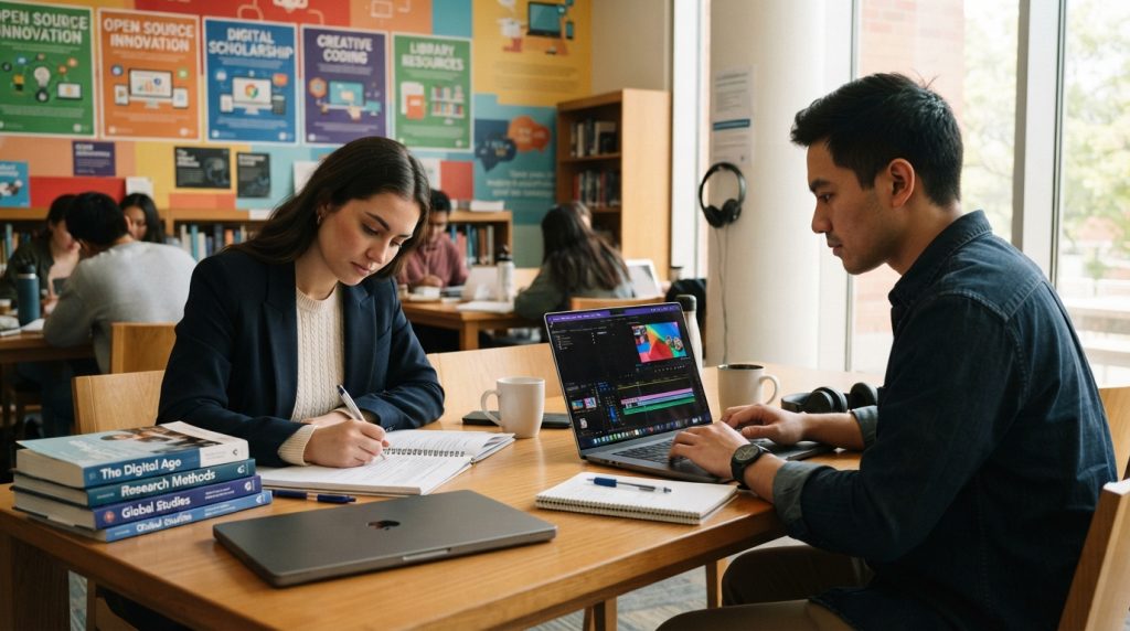 A focused student in professional casual attire sits at a wooden desk, diligently writing a research paper, surrounded by neat stacks of books and stationery. Beside them, another student, also dressed in smart casual clothing, is editing a video on their laptop, with a vibrant screen displaying editing software. The atmosphere is lively yet studious, with warm, natural light streaming in from a nearby window, creating soft shadows on the desk. In the background, colorful posters related to education and technology adorn the walls, enhancing the scholarly mood. The angle captures both students in profile, emphasizing their engagement in their respective tasks, showcasing a collaborative environment conducive to learning and creativity. A focused student in professional casual attire sits at a wooden desk, diligently writing a research paper, surrounded by neat stacks of books and stationery. Beside them, another student, also dressed in smart casual clothing, is editing a video on their laptop, with a vibrant screen displaying editing software. The atmosphere is lively yet studious, with warm, natural light streaming in from a nearby window, creating soft shadows on the desk. In the background, colorful posters related to education and technology adorn the walls, enhancing the scholarly mood. The angle captures both students in profile, emphasizing their engagement in their respective tasks, showcasing a collaborative environment conducive to learning and creativity.