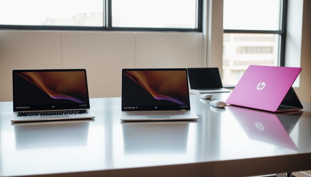 A modern, clean workspace showcasing various HP OmniBook laptop models side by side on a sleek desk. The foreground features three distinct models, each with unique designs: one with a slim profile, another with an extendable screen, and the third featuring a colorful finish. In the middle ground, a bright, well-lit environment emphasizes the laptops' sleek aesthetics, with reflections on the surface adding depth. The background contains subtle tech accessories like a sleek mouse and a minimalist laptop stand. Soft, natural light filters through a large window, creating an inviting atmosphere. The overall mood is professional and modern, highlighting the versatility and appeal of HP OmniBook laptops for both study and work.