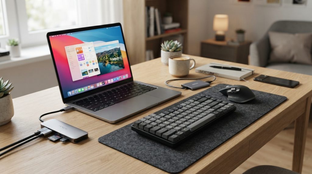 A modern desk setup featuring a sleek USB-C hub connecting a slim laptop to various peripherals, including a keyboard, mouse, and external hard drive. The hub showcases multiple ports, emphasizing functionality and organization. The foreground reveals the laptop with a crisp screen displaying a vibrant desktop background, while the middle ground highlights the USB-C hub and accessories neatly arranged. In the background, a soft, bright ambiance illuminates the workspace, reflecting a clean and professional atmosphere. The scene is shot from a slightly elevated angle to capture all elements clearly, with a focus on the tech arrangement. The overall mood conveys efficiency and a thriving student environment, emphasizing the importance of essential gadgets for a productive study space. A modern desk setup featuring a sleek USB-C hub connecting a slim laptop to various peripherals, including a keyboard, mouse, and external hard drive. The hub showcases multiple ports, emphasizing functionality and organization. The foreground reveals the laptop with a crisp screen displaying a vibrant desktop background, while the middle ground highlights the USB-C hub and accessories neatly arranged. In the background, a soft, bright ambiance illuminates the workspace, reflecting a clean and professional atmosphere. The scene is shot from a slightly elevated angle to capture all elements clearly, with a focus on the tech arrangement. The overall mood conveys efficiency and a thriving student environment, emphasizing the importance of essential gadgets for a productive study space.