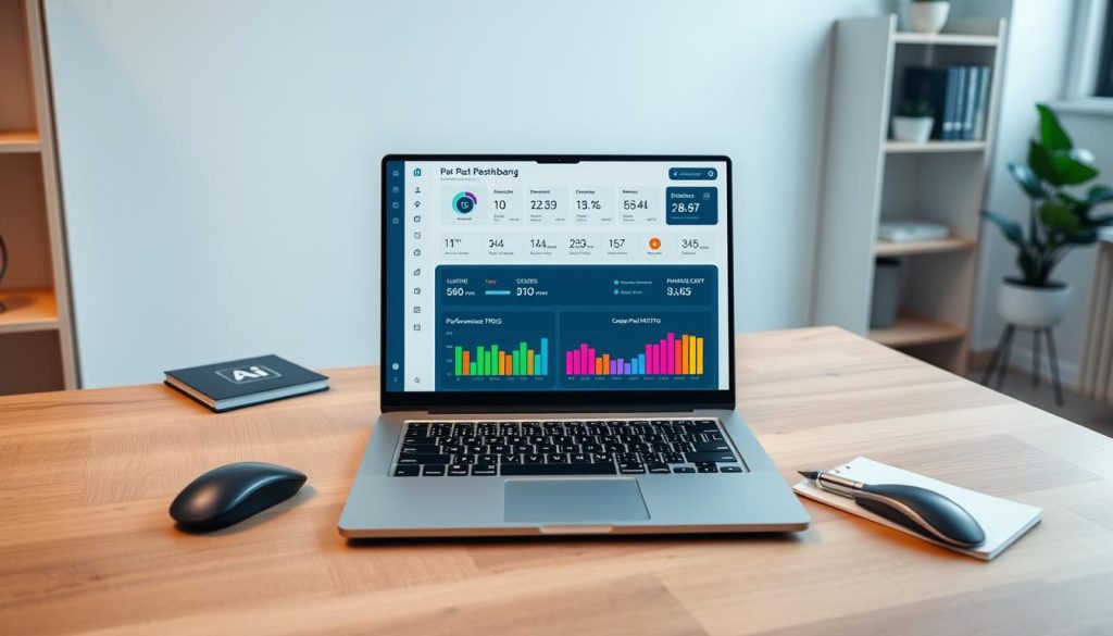 A modern, sleek laptop is prominently displayed on a stylish wooden desk, surrounded by a sophisticated tech setup featuring a wireless mouse and a notepad with a pen. The laptop screen shows a detailed performance dashboard with battery status and performance metrics visually represented through colorful graphs. Bright, even lighting illuminates the workspace, enhancing the clean and organized atmosphere. In the background, there are minimalist shelves with tech books and a small plant, adding a touch of greenery. The color palette consists of soft blues and whites, creating a professional and inviting mood. The composition is framed with a slight top-down angle to emphasize the laptop's screen and its features, providing an engaging visual focus for readers interested in AI laptops. A modern, sleek laptop is prominently displayed on a stylish wooden desk, surrounded by a sophisticated tech setup featuring a wireless mouse and a notepad with a pen. The laptop screen shows a detailed performance dashboard with battery status and performance metrics visually represented through colorful graphs. Bright, even lighting illuminates the workspace, enhancing the clean and organized atmosphere. In the background, there are minimalist shelves with tech books and a small plant, adding a touch of greenery. The color palette consists of soft blues and whites, creating a professional and inviting mood. The composition is framed with a slight top-down angle to emphasize the laptop's screen and its features, providing an engaging visual focus for readers interested in AI laptops.