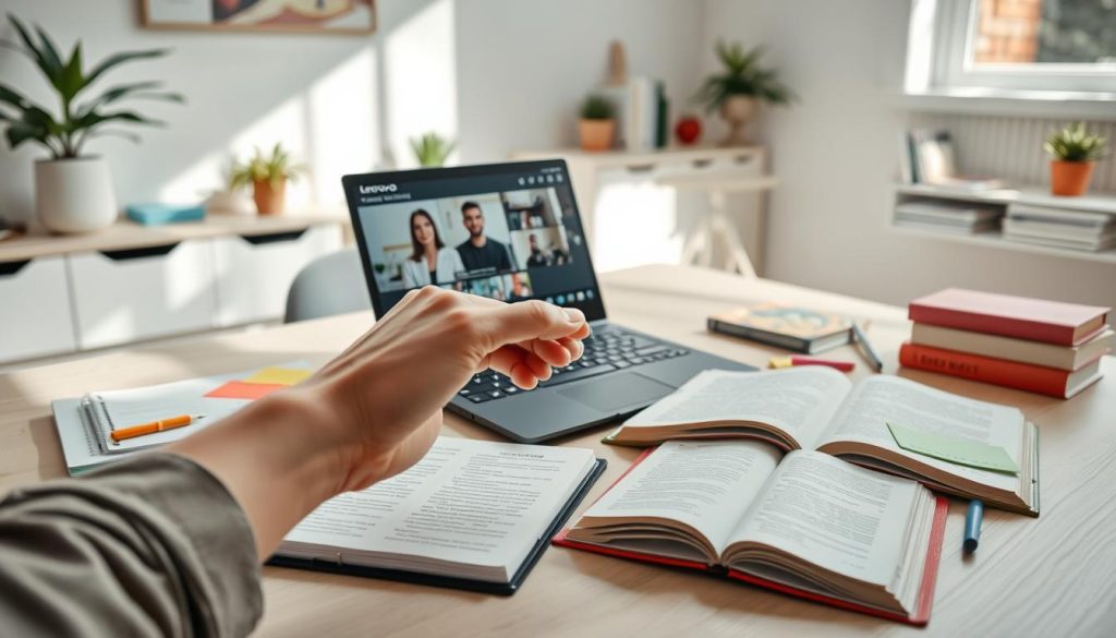 A modern study setup featuring a sleek Lenovo IdeaPad Pro 5 laptop opened on a tidy desk, surrounded by organized notebooks, colorful sticky notes, and an open book for research. In the foreground, a hand reaches out to switch between the laptop screen showing a video call interface and handwritten notes, reflecting the transition between studying, research, and online discussions. The background is a bright, clean workspace with minimalistic decor and natural light streaming in from a window, creating an inviting and focused atmosphere. The camera angle is slightly elevated, providing a clear view of both the tech setup and the vibrant workspace arrangement, all while conveying a sense of productivity and academic engagement. A modern study setup featuring a sleek Lenovo IdeaPad Pro 5 laptop opened on a tidy desk, surrounded by organized notebooks, colorful sticky notes, and an open book for research. In the foreground, a hand reaches out to switch between the laptop screen showing a video call interface and handwritten notes, reflecting the transition between studying, research, and online discussions. The background is a bright, clean workspace with minimalistic decor and natural light streaming in from a window, creating an inviting and focused atmosphere. The camera angle is slightly elevated, providing a clear view of both the tech setup and the vibrant workspace arrangement, all while conveying a sense of productivity and academic engagement.