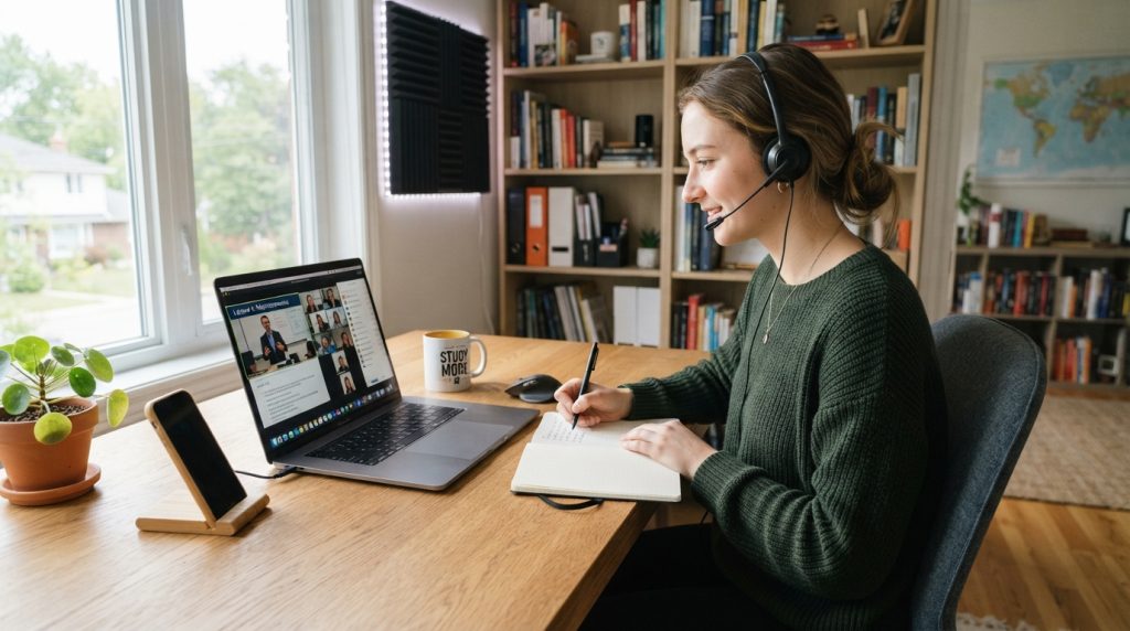 A modern study space featuring a student wearing a headset during an online class. In the foreground, focus on a sleek laptop opened on a desk, surrounded by essential study accessories like notebooks, pens, and a coffee mug. The student, depicted in modest casual clothing, is engaged and attentive, immersed in their work. The middle layer includes a well-organized tech setup with a small soundproof area, showcasing excellent lighting with natural sunlight streaming in, creating a bright and clean ambiance. In the background, shelves filled with books and study materials create an inspiring atmosphere. The scene should convey a focus on learning and productivity, with a professional, tech-savvy vibe that enhances the educational experience. A modern study space featuring a student wearing a headset during an online class. In the foreground, focus on a sleek laptop opened on a desk, surrounded by essential study accessories like notebooks, pens, and a coffee mug. The student, depicted in modest casual clothing, is engaged and attentive, immersed in their work. The middle layer includes a well-organized tech setup with a small soundproof area, showcasing excellent lighting with natural sunlight streaming in, creating a bright and clean ambiance. In the background, shelves filled with books and study materials create an inspiring atmosphere. The scene should convey a focus on learning and productivity, with a professional, tech-savvy vibe that enhances the educational experience.