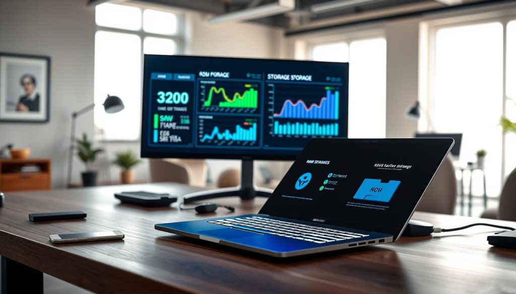A modern technology setup depicted on a sleek wooden desk, featuring a laptop open with a brightly lit screen displaying a side-by-side comparison of RAM and SSD storage options. In the foreground, a stylish laptop with a glowing keyboard contrasts with a smartphone and neatly arranged tech accessories. The middle ground showcases a multi-screen monitor displaying colorful graphs and data points related to storage efficiency and performance. The background is a softly blurred office space with contemporary decor and soft, natural lighting streaming through a large window, creating a professional ambiance. The overall mood is focused and informative, ideal for illustrating the importance of understanding storage options in choosing the right AI laptop. A modern technology setup depicted on a sleek wooden desk, featuring a laptop open with a brightly lit screen displaying a side-by-side comparison of RAM and SSD storage options. In the foreground, a stylish laptop with a glowing keyboard contrasts with a smartphone and neatly arranged tech accessories. The middle ground showcases a multi-screen monitor displaying colorful graphs and data points related to storage efficiency and performance. The background is a softly blurred office space with contemporary decor and soft, natural lighting streaming through a large window, creating a professional ambiance. The overall mood is focused and informative, ideal for illustrating the importance of understanding storage options in choosing the right AI laptop.
