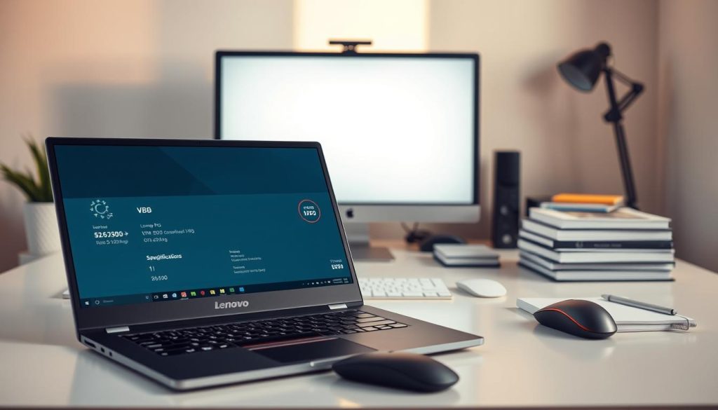 A modern workspace featuring a Lenovo IdeaPad Pro 5 laptop prominently placed on a clean, organized desk. In the foreground, the laptop screen displays specifications and storage details, illuminated by soft, natural lighting that enhances clarity. Surrounding the laptop, there's a sleek wireless mouse and a neat stack of notebooks, complementing the tech setup. In the middle background, a minimalist, stylish monitor stands against a softly lit wall, creating a professional atmosphere. The entire scene is bathed in gentle, warm tones, evoking a sense of focus and productivity, with no people present, ensuring a clean and distraction-free environment. The image captures the essence of a carefully curated study space, perfect for students. A modern workspace featuring a Lenovo IdeaPad Pro 5 laptop prominently placed on a clean, organized desk. In the foreground, the laptop screen displays specifications and storage details, illuminated by soft, natural lighting that enhances clarity. Surrounding the laptop, there's a sleek wireless mouse and a neat stack of notebooks, complementing the tech setup. In the middle background, a minimalist, stylish monitor stands against a softly lit wall, creating a professional atmosphere. The entire scene is bathed in gentle, warm tones, evoking a sense of focus and productivity, with no people present, ensuring a clean and distraction-free environment. The image captures the essence of a carefully curated study space, perfect for students.