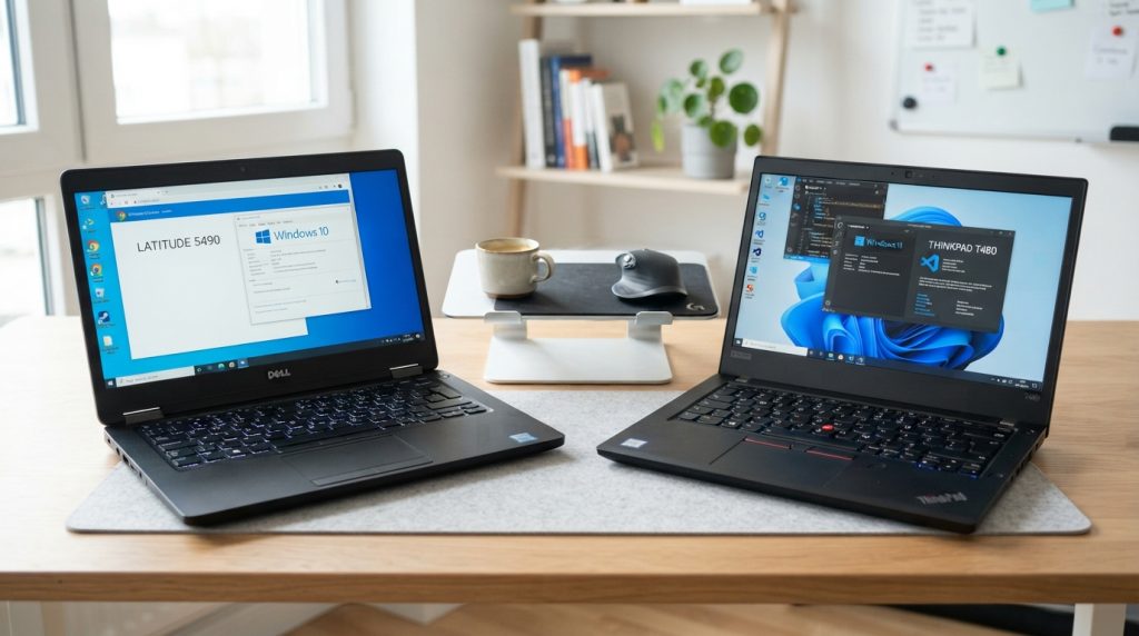 Refurbished Dell Latitude and Lenovo ThinkPad displayed side by side on a sleek, modern desk, showcasing their differences in design and features. The foreground highlights the laptops' keyboards and screens, illuminated by soft, bright lighting that enhances their sleek finishes. In the middle, a subtle tech setup with a minimalist aesthetic, featuring a laptop stand and a wireless mouse, conveys a professional atmosphere. The background remains uncluttered and clean, emphasizing the laptops without distractions. The overall mood is bright and inviting, perfect for a tech-focused environment, showcasing these devices as ideal options for students. Ensure there are no people or additional elements that could detract from the focus on the laptops.